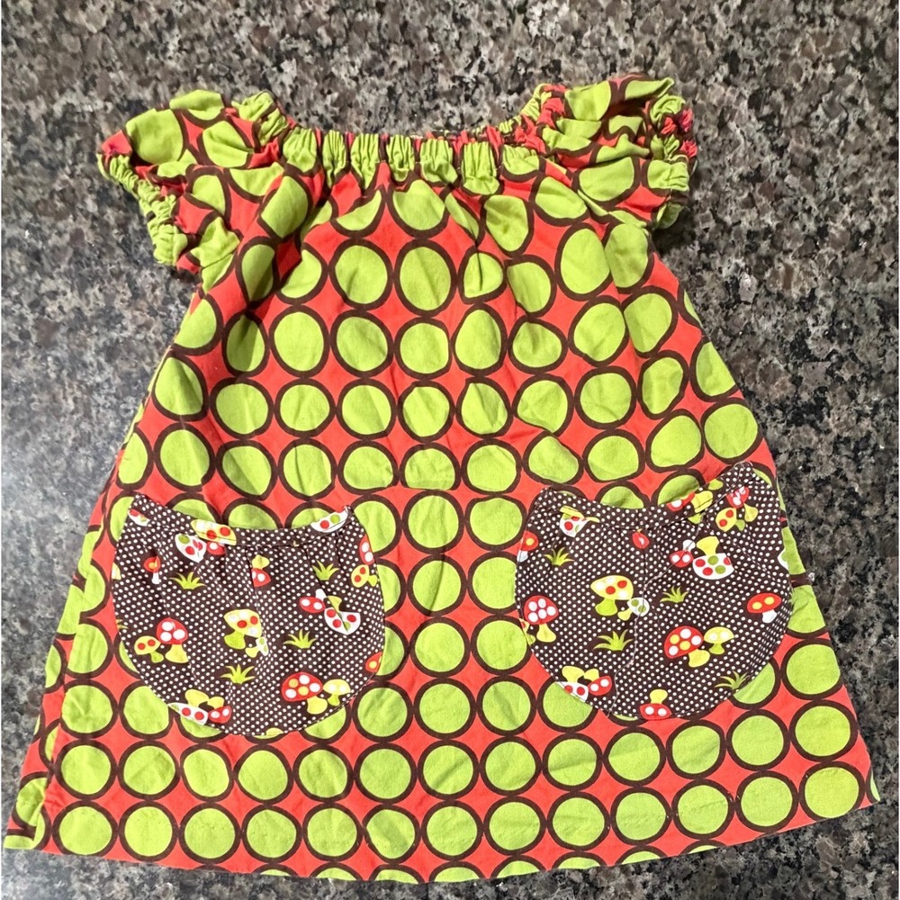 Blue Juniper Toddler Girls Retro Polka Dot Mushroom Pocket Dress 2T Orange Green